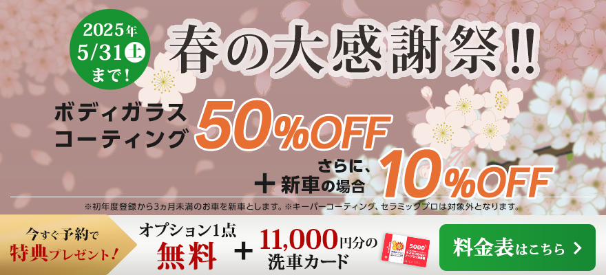 ボディガラスコーティング50%OFF　新車の場合さらに10%OFF