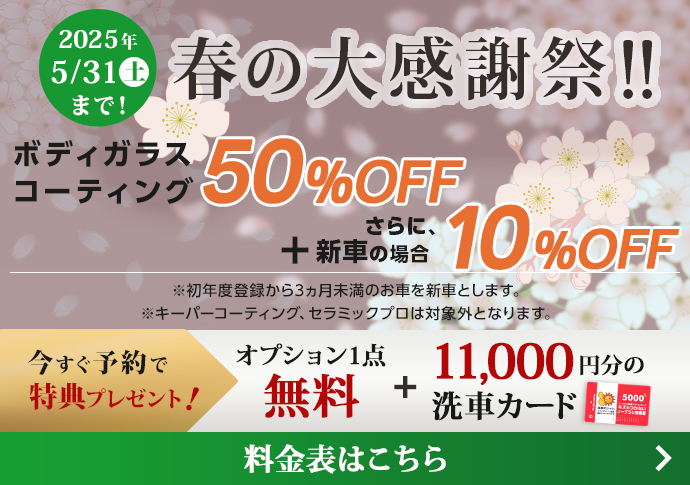 ボディガラスコーティング50%OFF　新車の場合さらに10%OFF